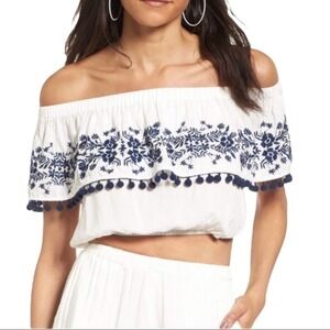 Show Me Your MuMu Women's White & Blue‎ Embroidery Teagan Pom Pom Croptop Size S